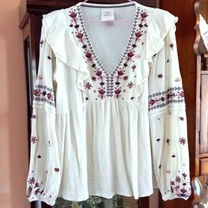 🌺 NWOT Knox Rose Floral-Embroidered Ruffled Hippy Fairy Peasant Blouse Small 🌺